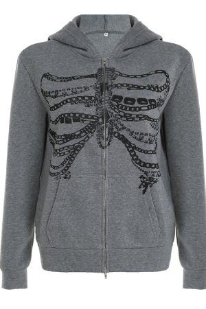 Beaded Chain Rib Print Zipper Hoodie - Loose Versatile Subculture Jacket for Y2K & Streetwear Style