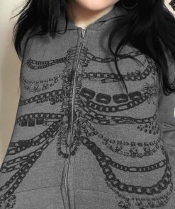 Beaded Chain Rib Print Zipper Hoodie - Loose Versatile Subculture Jacket for Y2K & Streetwear Style