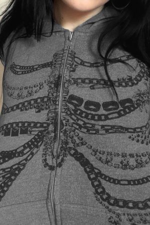 Beaded Chain Rib Print Zipper Hoodie - Loose Versatile Subculture Jacket for Y2K & Streetwear Style