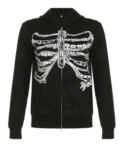 Beaded Chain Rib Print Zipper Hoodie - Loose Versatile Subculture Jacket for Y2K & Streetwear Style