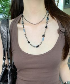 Beaded Long Necklace for Women, Vintage Layered Choker, Dark Punk Clavicle Chain, Bohemian Fashion Accessory
