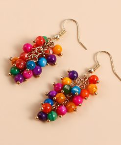 Beaded Shell Drop Earrings - Creative Mixed-Color Grape Cluster Design - Exquisite European and American Chinese-Style Accessories