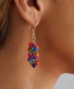 Beaded Shell Drop Earrings - Creative Mixed-Color Grape Cluster Design - Exquisite European and American Chinese-Style Accessories