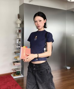 Bear Embroidery Slim Fit Short Sleeve T-Shirt for Women, Trendy Crop Top for Summer, Casual Korean Style