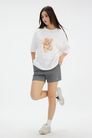 Bear Graphic Sports Short Sleeve T-Shirt in American Casual Style with Round Neck - Trendy 90s Inspired Design