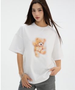 Bear Graphic Sports Short Sleeve T-Shirt in American Casual Style with Round Neck - Trendy 90s Inspired Design