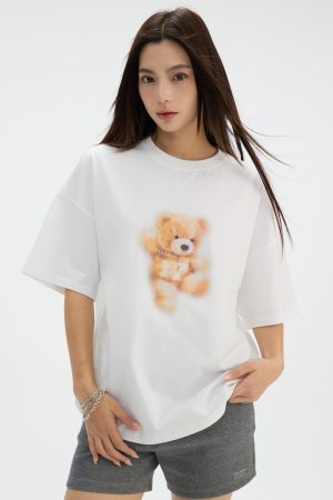 Bear Graphic Sports Short Sleeve T-Shirt in American Casual Style with Round Neck - Trendy 90s Inspired Design