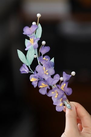 Beautiful Silk Embossed Fairy Hair Accessory - Purple Ethereal Hanfu Headpiece for Classical Dance, Handmade Side Clip