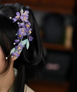 Beautiful Silk Embossed Fairy Hair Accessory - Purple Ethereal Hanfu Headpiece for Classical Dance, Handmade Side Clip