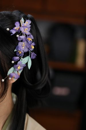 Beautiful Silk Embossed Fairy Hair Accessory - Purple Ethereal Hanfu Headpiece for Classical Dance, Handmade Side Clip