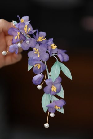 Beautiful Silk Embossed Fairy Hair Accessory - Purple Ethereal Hanfu Headpiece for Classical Dance, Handmade Side Clip