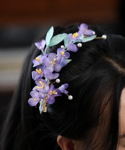 Beautiful Silk Embossed Fairy Hair Accessory - Purple Ethereal Hanfu Headpiece for Classical Dance, Handmade Side Clip