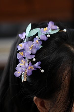 Beautiful Silk Embossed Fairy Hair Accessory - Purple Ethereal Hanfu Headpiece for Classical Dance, Handmade Side Clip