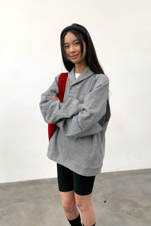 Beige Color-Blocked Terry Polo Sweatshirt for Fall/Winter 2025 - Trendy Casual Layering Essential