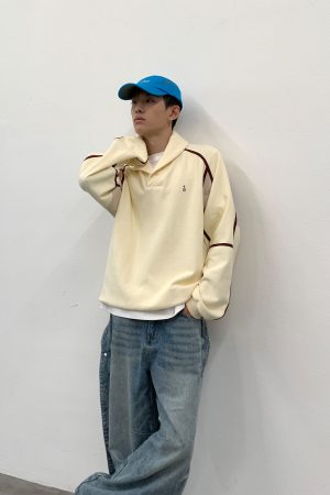 Beige Color-Blocked Terry Polo Sweatshirt for Fall/Winter 2025 - Trendy Casual Layering Essential