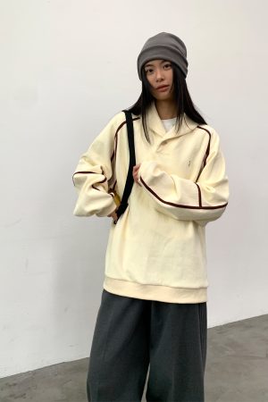 Beige Color-Blocked Terry Polo Sweatshirt for Fall/Winter 2025 - Trendy Casual Layering Essential
