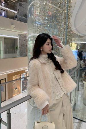Beige Eco-Friendly Fur Short Coat for Women, Elegant Chanel Style, High-End Quality, New Winter Collection, Sophisticated Outerwear