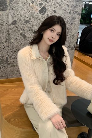 Beige Eco-Friendly Fur Short Coat for Women, Elegant Chanel Style, High-End Quality, New Winter Collection, Sophisticated Outerwear