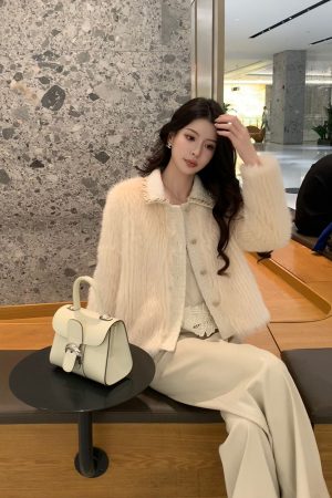 Beige Eco-Friendly Fur Short Coat for Women, Elegant Chanel Style, High-End Quality, New Winter Collection, Sophisticated Outerwear