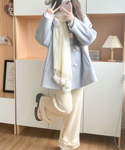 Beige Fleece-Lined Straight Pants for Women - Pudding Bear JK Uniform Winter Bow Casual College Style