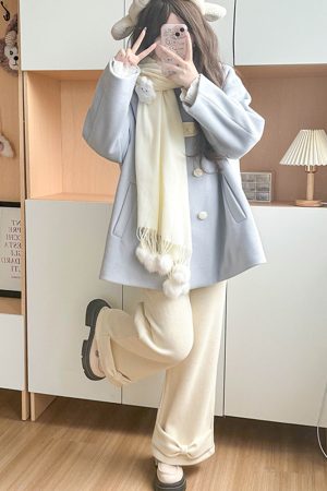 Beige Fleece-Lined Straight Pants for Women - Pudding Bear JK Uniform Winter Bow Casual College Style