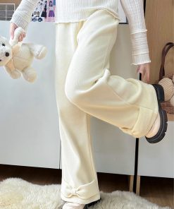 Beige Fleece-Lined Straight Pants for Women - Pudding Bear JK Uniform Winter Bow Casual College Style