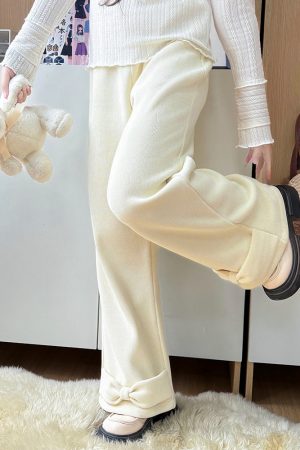 Beige Fleece-Lined Straight Pants for Women - Pudding Bear JK Uniform Winter Bow Casual College Style