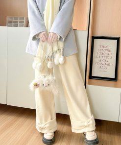 Beige Fleece-Lined Straight Pants for Women - Pudding Bear JK Uniform Winter Bow Casual College Style