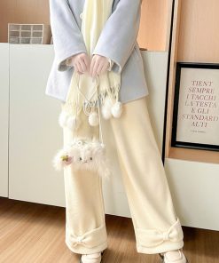 Beige Fleece-Lined Straight Pants for Women - Pudding Bear JK Uniform Winter Bow Casual College Style