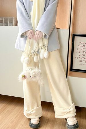 Beige Fleece-Lined Straight Pants for Women - Pudding Bear JK Uniform Winter Bow Casual College Style