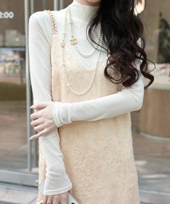 Beige Half High Neck Long Sleeve T-Shirt for Women, Elegant Slim Fit, Flattering Base Layer, Perfect for Y2K and Korean Style Looks