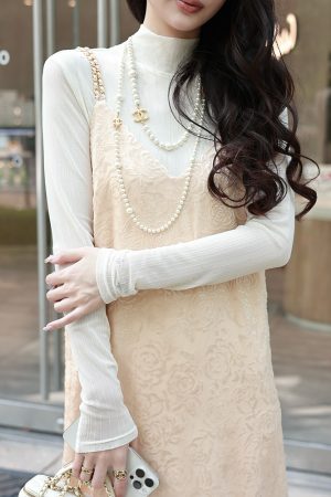 Beige Half High Neck Long Sleeve T-Shirt for Women, Elegant Slim Fit, Flattering Base Layer, Perfect for Y2K and Korean Style Looks