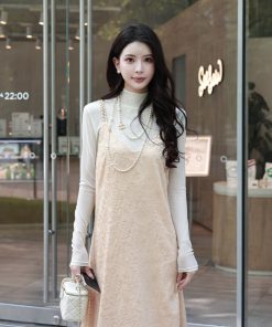 Beige Half High Neck Long Sleeve T-Shirt for Women, Elegant Slim Fit, Flattering Base Layer, Perfect for Y2K and Korean Style Looks