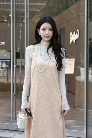 Beige Half High Neck Long Sleeve T-Shirt for Women, Elegant Slim Fit, Flattering Base Layer, Perfect for Y2K and Korean Style Looks