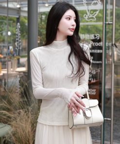 Beige Half High Neck Long Sleeve T-Shirt for Women, Elegant Slim Fit, Flattering Base Layer, Perfect for Y2K and Korean Style Looks