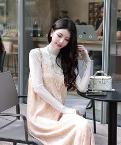 Beige Half High Neck Long Sleeve T-Shirt for Women, Elegant Slim Fit, Flattering Base Layer, Perfect for Y2K and Korean Style Looks
