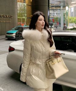 Beige Hooded Duck Down Jacket for Women, Elegant Waist-Defining Slim Fit Winter Coat, Starry Sky Design, Fashionable Outerwear