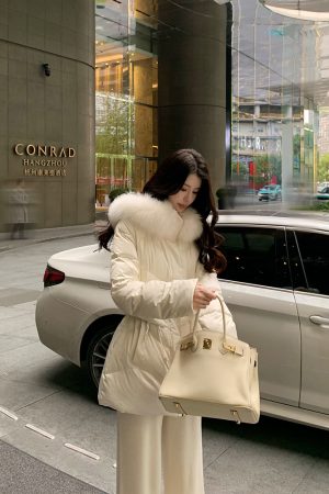 Beige Hooded Duck Down Jacket for Women, Elegant Waist-Defining Slim Fit Winter Coat, Starry Sky Design, Fashionable Outerwear