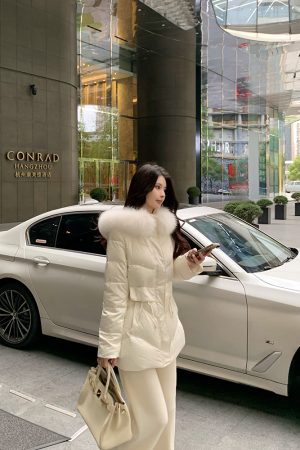 Beige Hooded Duck Down Jacket for Women, Elegant Waist-Defining Slim Fit Winter Coat, Starry Sky Design, Fashionable Outerwear