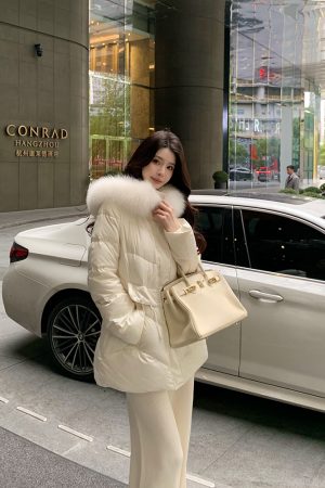 Beige Hooded Duck Down Jacket for Women, Elegant Waist-Defining Slim Fit Winter Coat, Starry Sky Design, Fashionable Outerwear