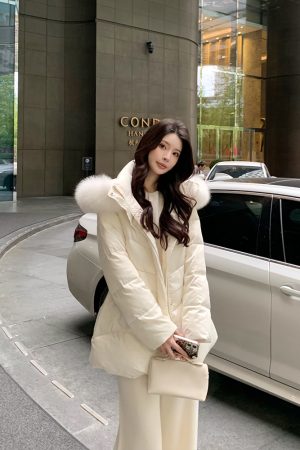 Beige Hooded Duck Down Jacket for Women, Elegant Waist-Defining Slim Fit Winter Coat, Starry Sky Design, Fashionable Outerwear