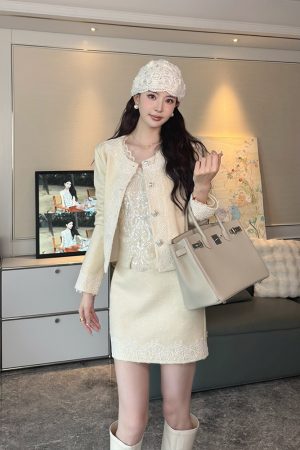 Beige Knitted Little Chanel Style Two-Piece Shirt and Skirt Fashion Set for Women - Elegant 90s Inspired Look
