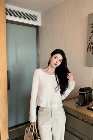 Beige Knitted Off-Shoulder Shirt for Women, Elegant Fitted Top, Spring 2025 Fashion, Casual Chic Style