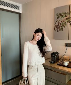 Beige Knitted Off-Shoulder Shirt for Women, Elegant Fitted Top, Spring 2025 Fashion, Casual Chic Style