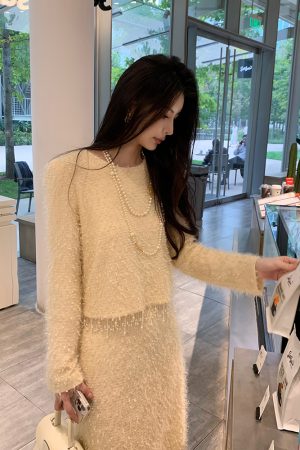 Beige Knitted Straight Midi Skirt for Women, Stylish High-End Fashion, Versatile 90s-Inspired Long Skirt