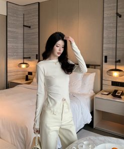 Beige Lace Waist Shaper Thick Knitted Base Layer Top for Women, Slimming Fitted Style, Perfect for Layering and Everyday Wear