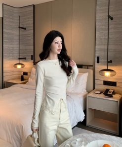 Beige Lace Waist Shaper Thick Knitted Base Layer Top for Women, Slimming Fitted Style, Perfect for Layering and Everyday Wear