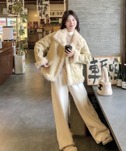 Beige Lamb Wool Short Coat for Women - Stylish 2025 Winter Jacket with Leather and Fur, Perfect for Petite Sizes