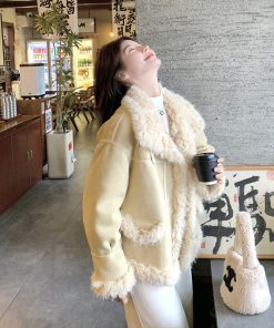 Beige Lamb Wool Short Coat for Women - Stylish 2025 Winter Jacket with Leather and Fur, Perfect for Petite Sizes