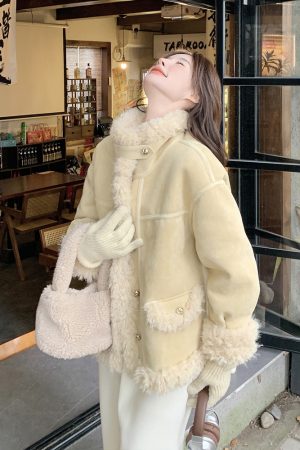 Beige Lamb Wool Short Coat for Women - Stylish 2025 Winter Jacket with Leather and Fur, Perfect for Petite Sizes